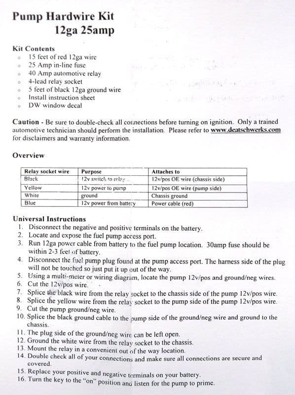 DEATSCHWERKS FUEL PUMP HARDWIRE UPGRADE KIT
