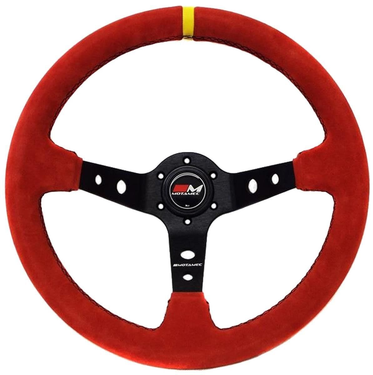 MOTAMEC RACE RALLY STEERING WHEEL DEEP DISH 350MM RED SUEDE BLACK SPOKE