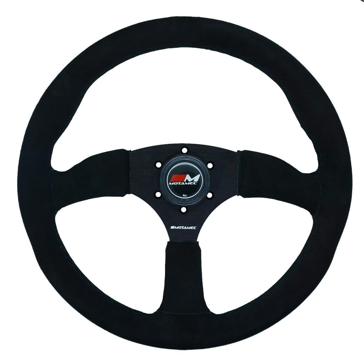 MOTAMEC RACE RALLY STEERING WHEEL SEMI DISH 350MM BLACK SUEDE BLACK SPOKE