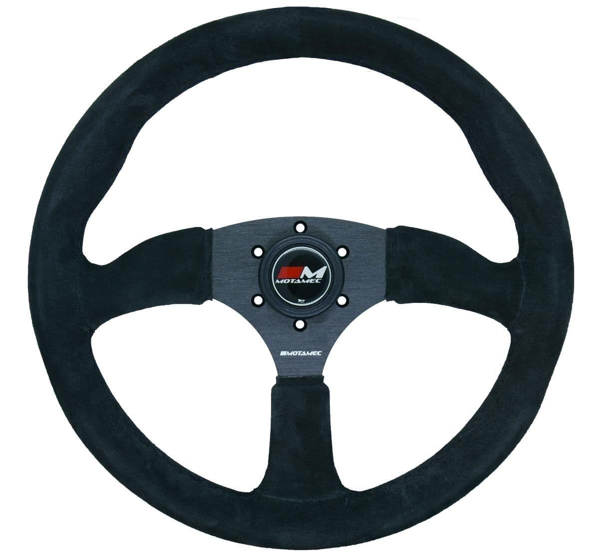 MOTAMEC RACE RALLY STEERING WHEEL SEMI DISH 350MM DARK GREY SUEDE BLACK SPOKE