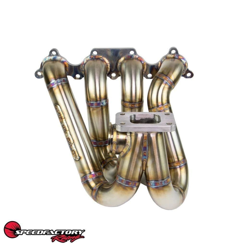 SPEEDFACTORY RACING STAINLESS TURBO MANIFOLD FORWARD FACE B-SERIES DIVIDED T4 FLANGE W TWIN 44-46MM