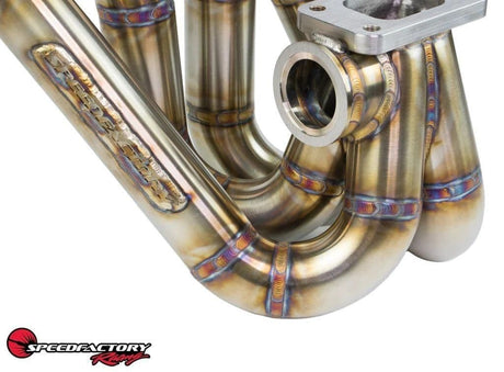 SPEEDFACTORY RACING STAINLESS TURBO MANIFOLD FORWARD FACE B-SERIES DIVIDED T4 FLANGE W TWIN 44-46MM