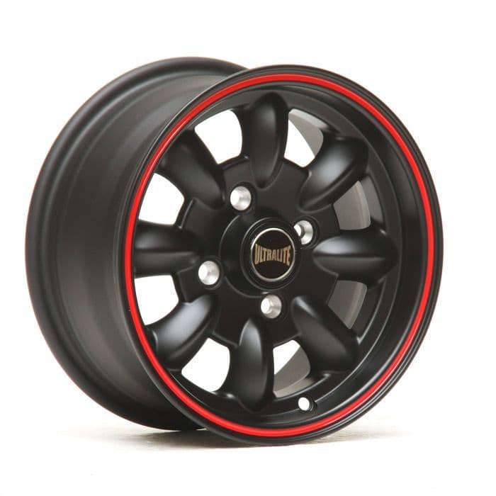 ULTRALITE ALLOY WHEELS X4 5.5x12 / ET20 / 101.6x4 / BLACK & RED STRIPE