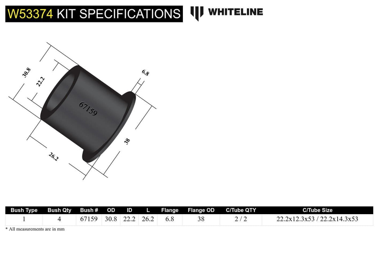 WHITELINE FRONT LOWER ARM, INNER FRONT BUSH KIT | TOYOTA MR2 MK3 ZZW30