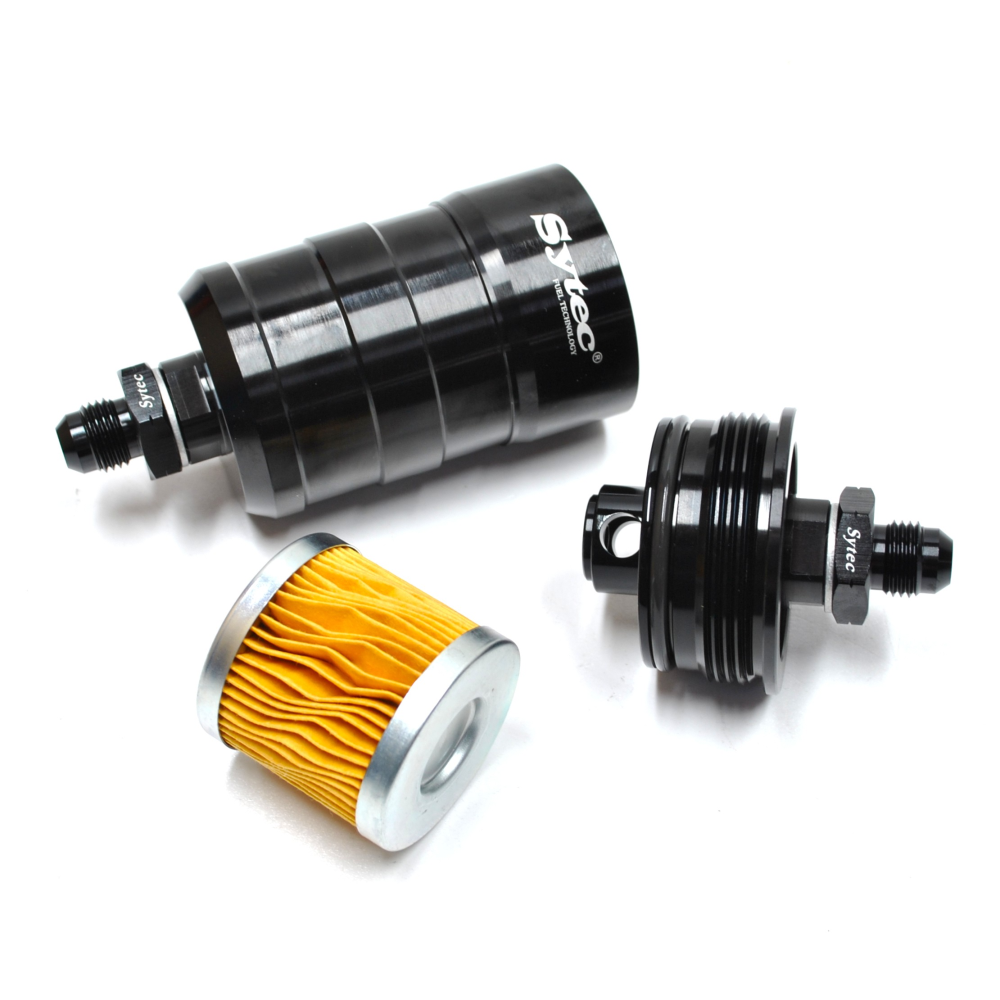 SYTEC MOTORSPORT IN-LINE 'BULLET' FUEL FILTER WITH AN6 -6 FITTINGS [BLACK]